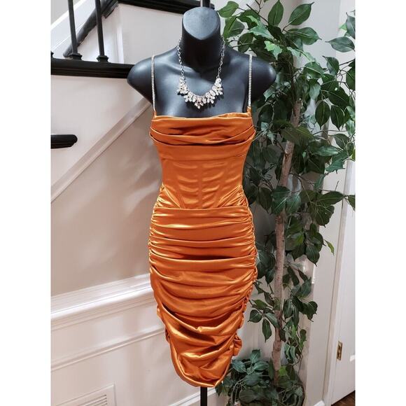 Rosedress Women's Gold Ruched Back Zip Spaghetti Rhinestone Knee Length Dress S - Picture 2 of 14